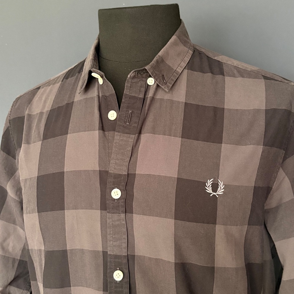 Fred Perry Grey Black Buffalo Check Cotton Button Down Shirt | Mens M | Slim Fit